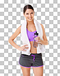 Studio shot of a sporty young woman with a towel draped over her shoulders and holding a water bottle isolated on a png background