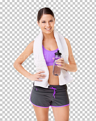 Buy stock photo Workout, portrait and woman with towel and water on isolated, png and transparent background for diet. Fitness, healthy body and female person ready for training, exercise and sports for wellness