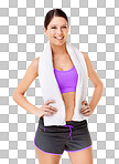 Head and shoulders portrait of a sporty young woman with a towel draped over her shoulders isolated on a png background