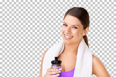 Buy stock photo Happy woman, portrait smile and water on break from workout isolated on a transparent PNG background. Excited female person in fitness smiling for natural minerals or sustainability after exercise