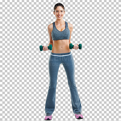 Buy stock photo Woman, fitness and smile portrait with dumbbell and smile isolated on a transparent, png background. Female person, workout and healthy model body feeling happy with exercise and weight training