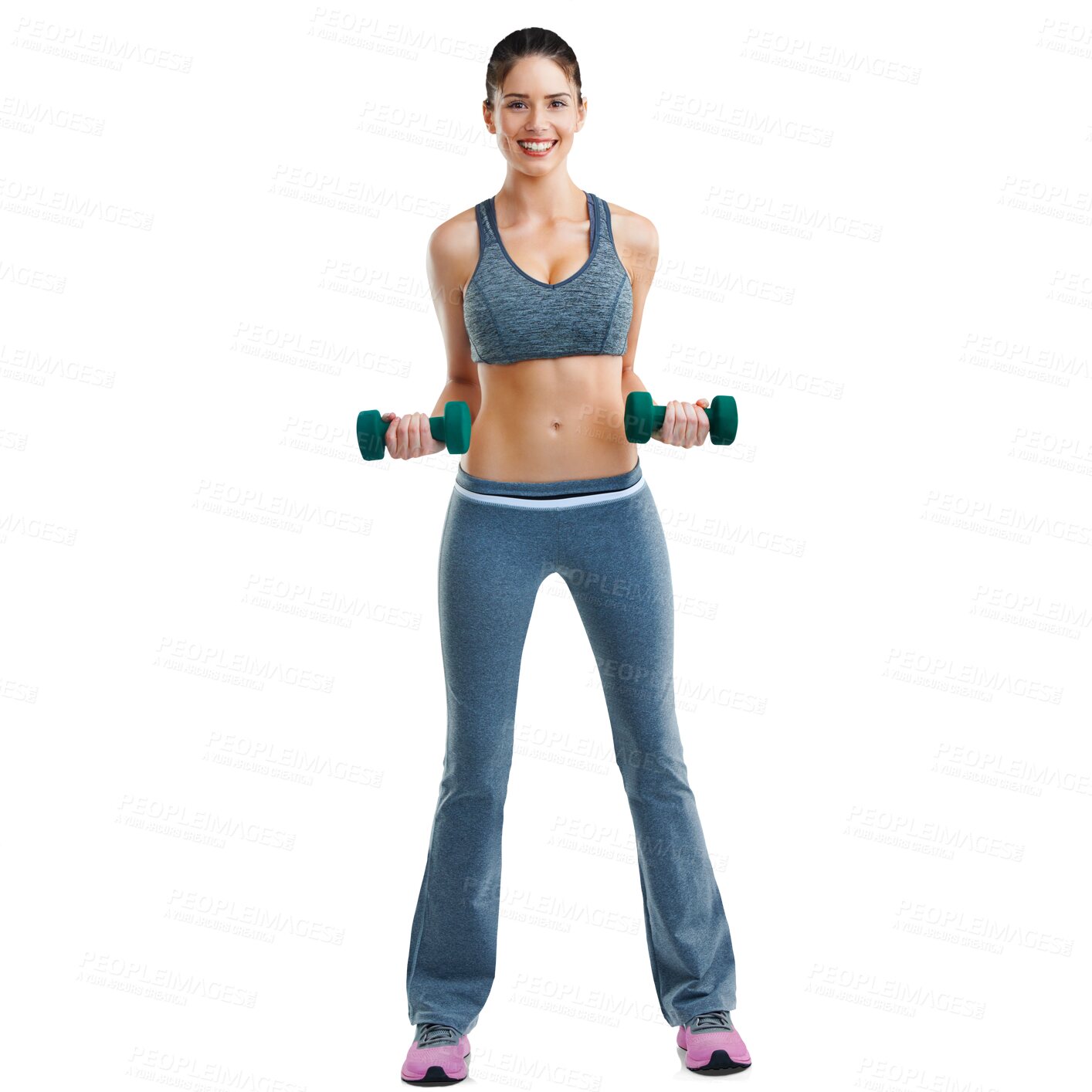 Buy stock photo Woman, fitness and smile portrait with dumbbell and smile isolated on a transparent, png background. Female person, workout and healthy model body feeling happy with exercise and weight training