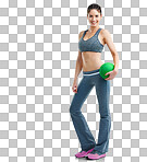 A fit woman holding an exercise ball isolated on a png background