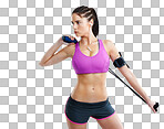 Studio shot of a fit young woman working out while wearing her mp3 armband isolated on a png background