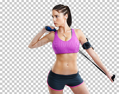 Buy stock photo Fitness, jump rope and woman with headphones for workout on isolated, png and transparent background. Sports, wellness and serious female person listening to music for exercise, training and cardio