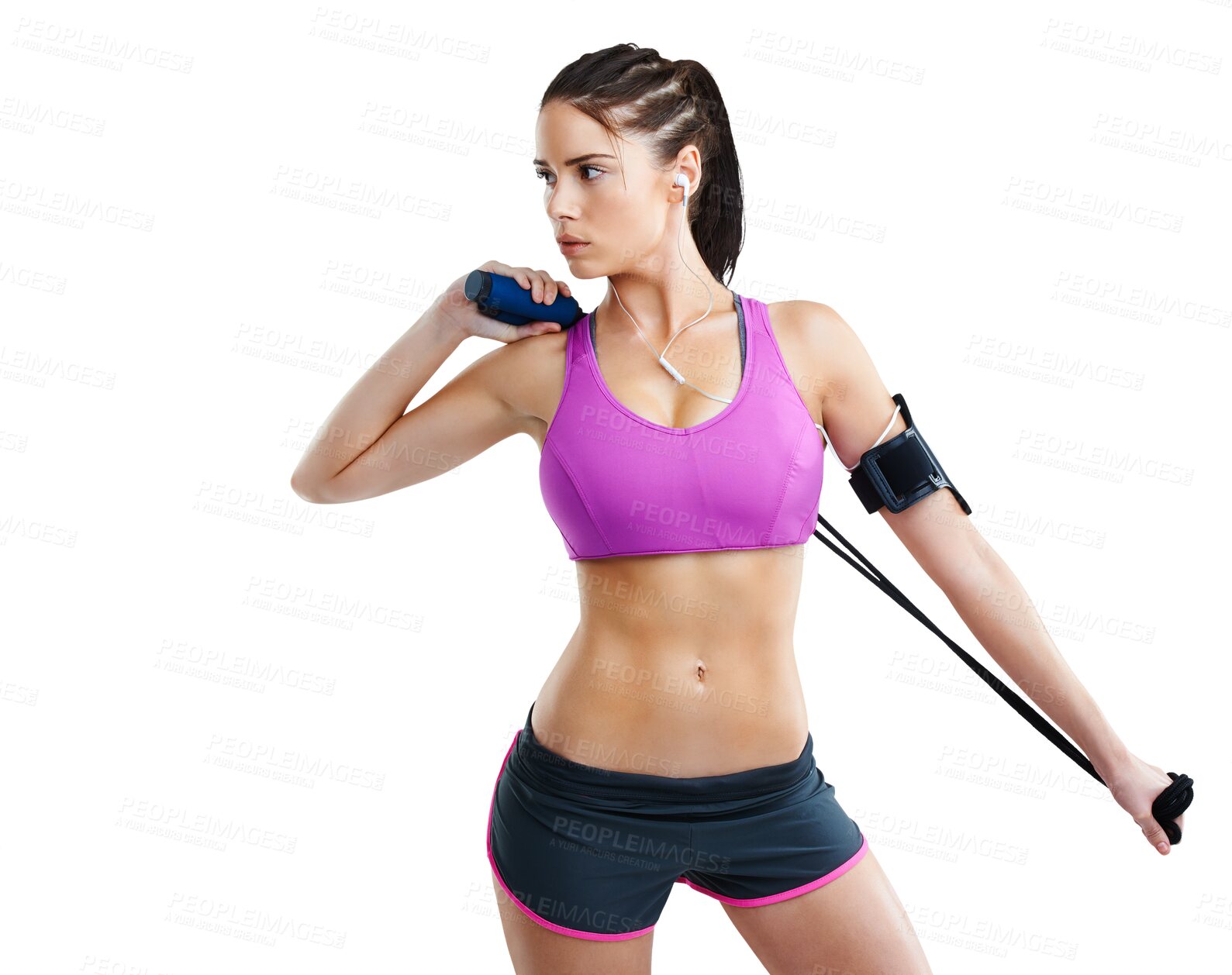 Buy stock photo Fitness, jump rope and woman with headphones for workout on isolated, png and transparent background. Sports, wellness and serious female person listening to music for exercise, training and cardio