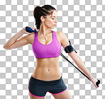 Studio shot of a fit young woman working out while wearing her mp3 armband isolated on a png background