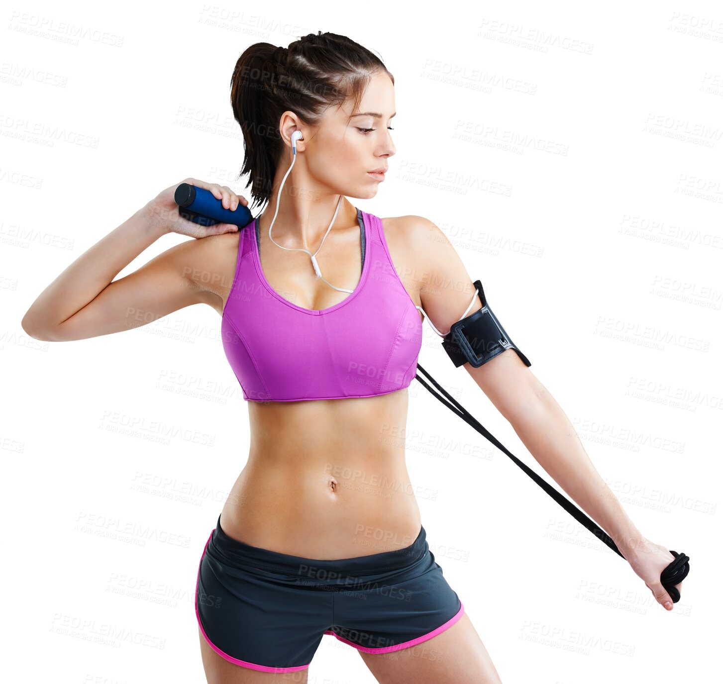 Buy stock photo Fitness, stretching body and woman for exercise on isolated, png and transparent background. Sports, earphones and serious female person listen to music for workout, training and cardio for wellness