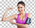 Studio shot of a fit young woman flexing her muscles while wearing her mp3 armband isolated on a png background