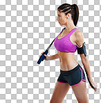 Studio shot of a fit young woman working out while wearing her mp3 armband isolated on a png background