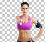 A fit woman pointing towards you while wearing an mp3 arm band isolated on a png background