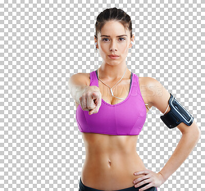 Buy stock photo Woman, pointing choice and portrait with fitness headphones, exercise and hey you gesture. Young person, female model and isolated on a transparent, png background with music for training and sports