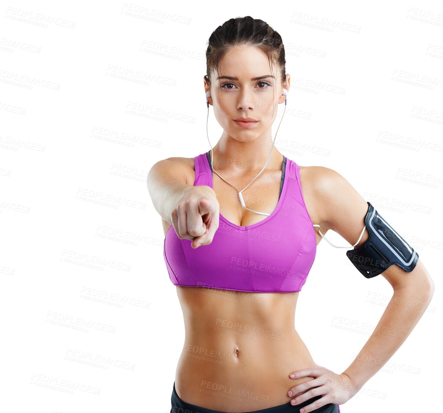 Buy stock photo Woman, pointing choice and portrait with fitness headphones, exercise and hey you gesture. Young person, female model and isolated on a transparent, png background with music for training and sports