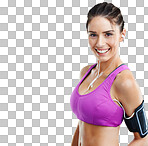 Studio shot of a fit young woman wearing an mp3 arm band isolated on a png background