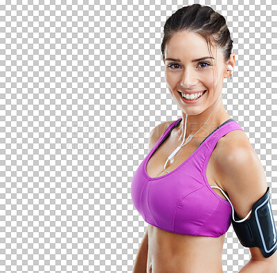 Buy stock photo Happy, fitness and portrait of woman with music for workout on isolated, png and transparent background. Sports, wellness and female person listening to radio for exercise, training and healthy body