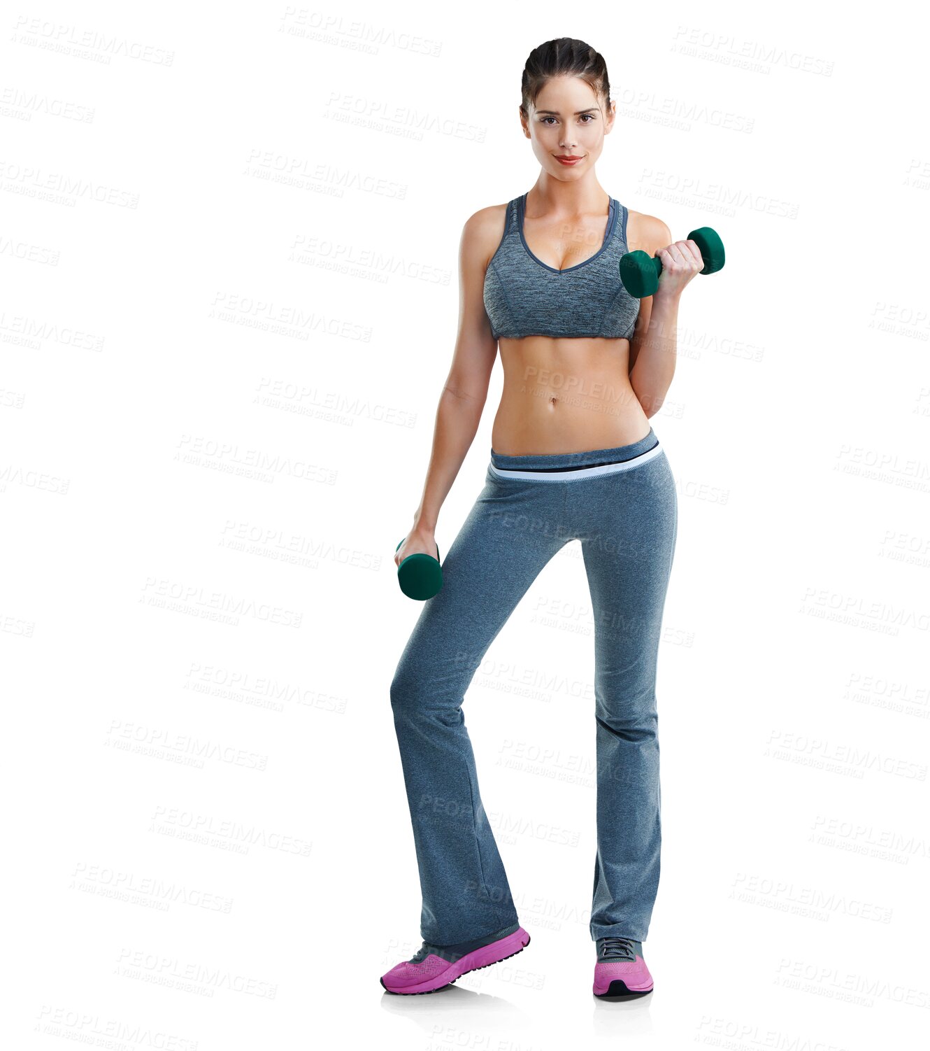 Buy stock photo Woman, fitness and portrait with weights and smile isolated on a transparent, png background. Young female person, workout and healthy model feeling happy with exercise wellness and body training