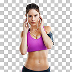 Studio shot of a fit young woman wearing an mp3 arm band isolated on a png background