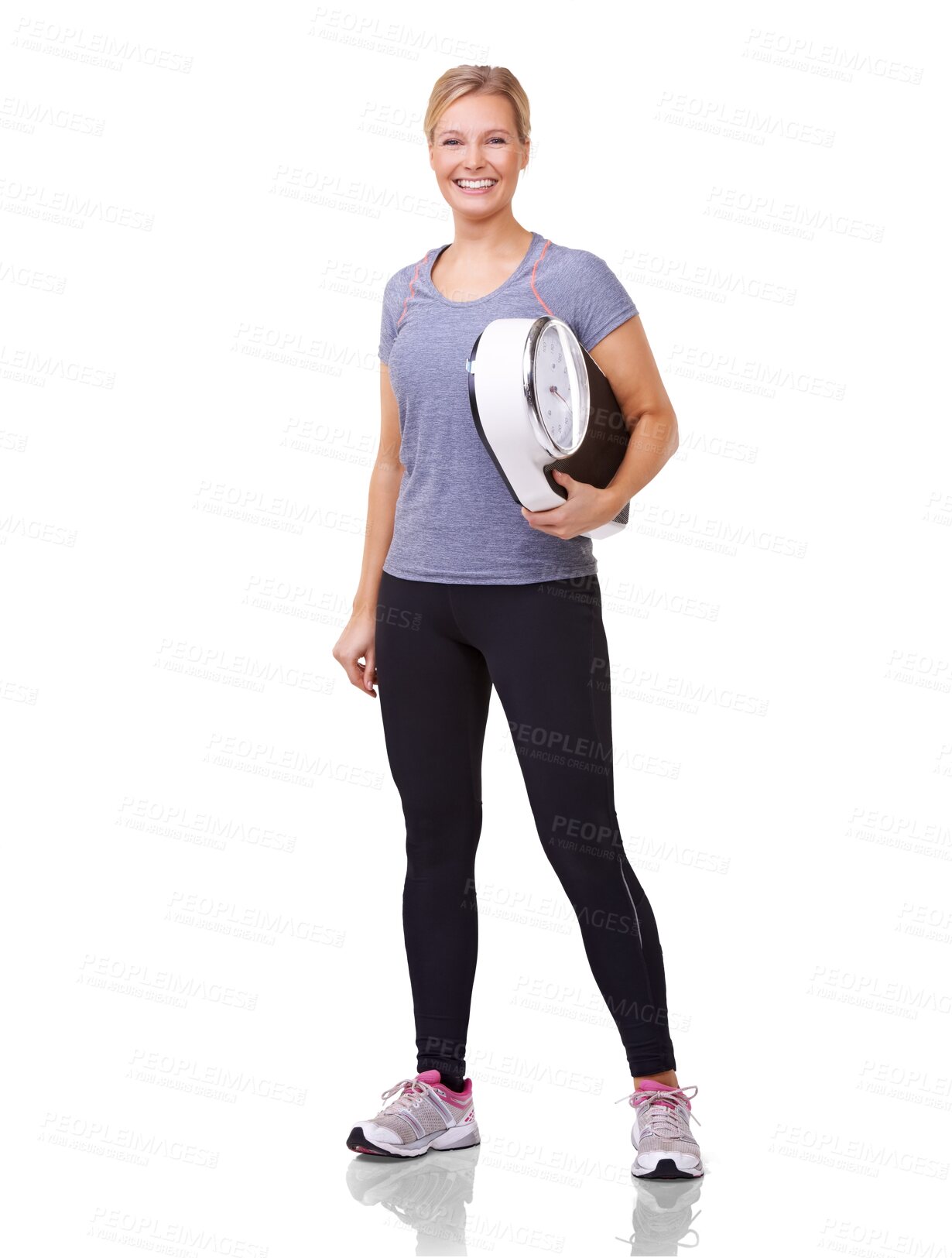 Buy stock photo Fitness, scale and portrait of woman isolated on transparent background for diet, workout and weightloss. Exercise, goals and weight measure with happy female person on png for healthy achievement 