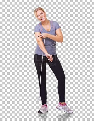 Buy stock photo Woman, portrait and tape to measure arm with smile for weight loss goals, fitness results and diet. Happy female person measuring body isolated on a transparent png background with healthy progress