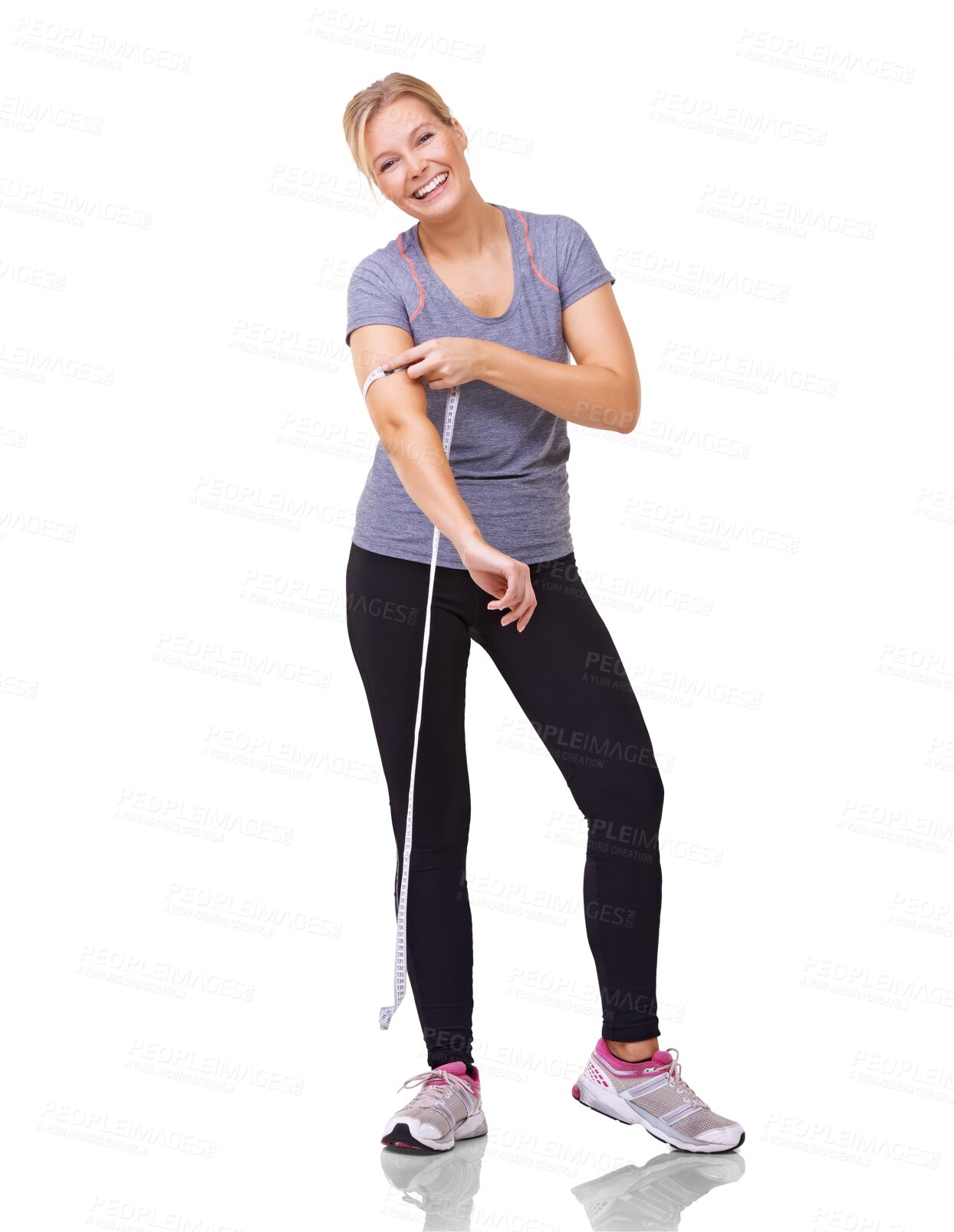 Buy stock photo Woman, portrait and tape to measure arm with smile for weight loss goals, fitness results and diet. Happy female person measuring body isolated on a transparent png background with healthy progress