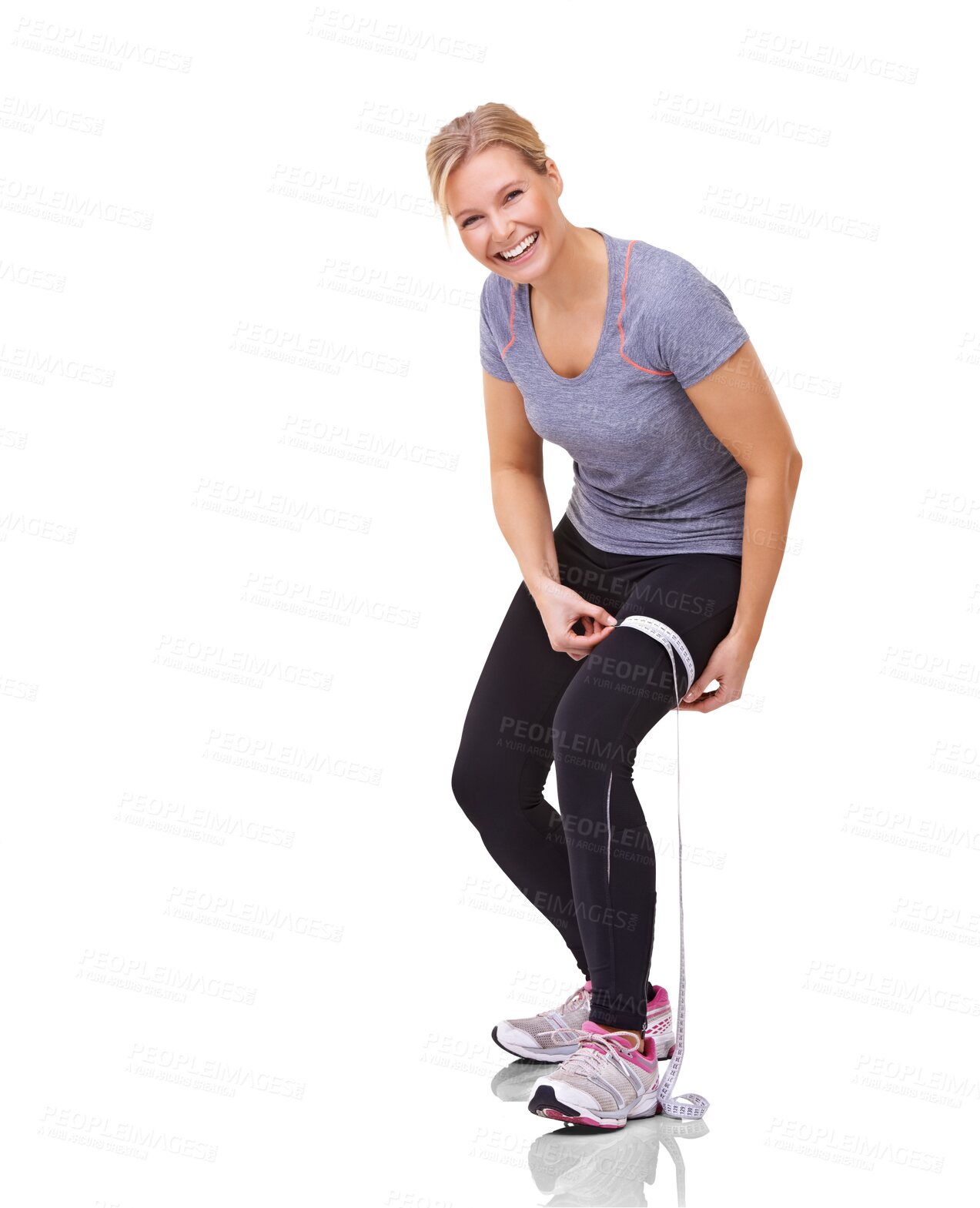 Buy stock photo Leg, woman and portrait with tape to measure weight loss goals for fitness. Happy female person measuring healthy body for results, progress and pride while isolated on a transparent png background