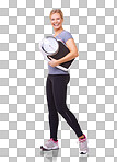 Full length portrait of a sporty woman holding a scale and  smiling at the camera isolated on a png background