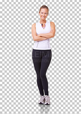 Buy stock photo Happy woman, portrait and fitness with arms crossed in confidence isolated on a transparent PNG background. Smile, female person and model in sportswear ready for workout, exercise and healthy body