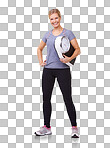 portrait of an attractive and sporty woman holding a scale and  smiling at the camera isolated on a png background