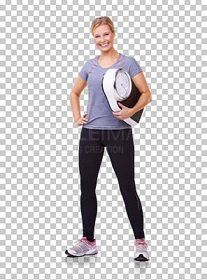 Buy stock photo Fitness, scale and happy portrait of woman on transparent background for diet, workout or weight loss. Exercise, goals and nutrition with female person on png for measurement of healthy achievement