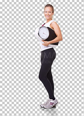 Buy stock photo Fitness, scale and diet with portrait of woman isolated on transparent png background for weight loss workout. Exercise, goals and female person measuring health, achievement and progress results