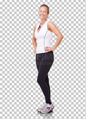 Buy stock photo Fitness, happy and portrait of woman isolated on a transparent png background for exercise, workout and healthy body. Smile of female person for wellness, confidence and pride for weight loss goals