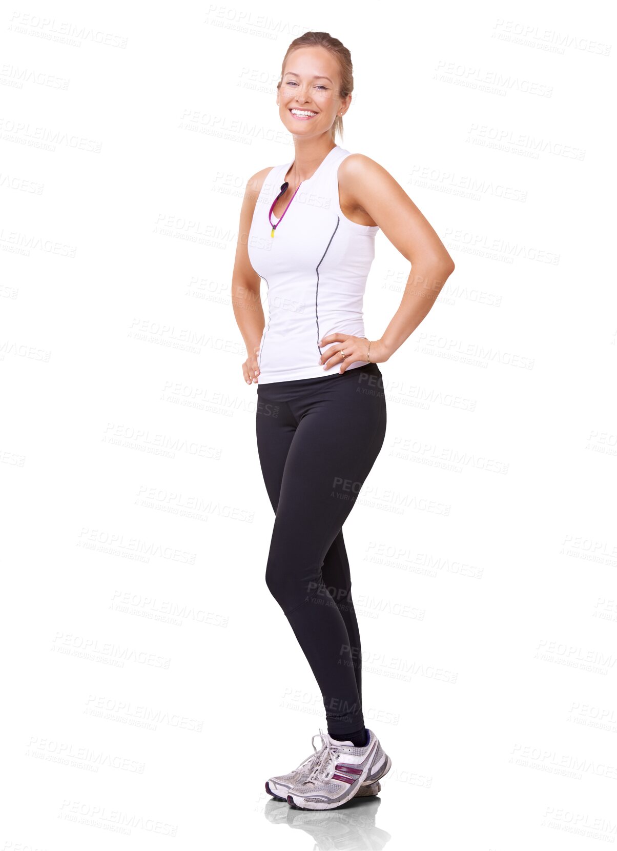 Buy stock photo Fitness, happy and portrait of woman isolated on a transparent png background for exercise, workout and healthy body. Smile of female person for wellness, confidence and pride for weight loss goals