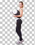 portrait of a sporty woman holding a scale and  smiling at the camera isolated on a png background