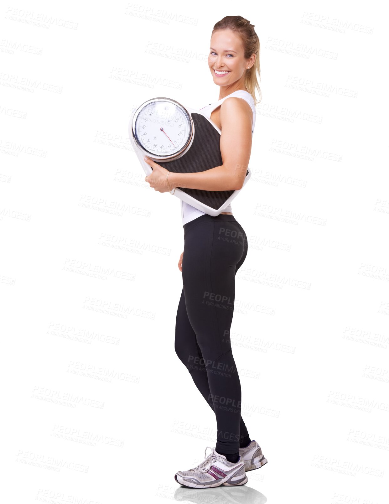 Buy stock photo Diet, scale and portrait of woman isolated on transparent png background for fitness, workout and weight loss. Exercise, goals and female person measuring health, achievement and wellness progress