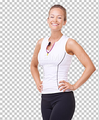 Buy stock photo Fitness, smile and confidence with portrait of woman isolated on a transparent png background for exercise. Workout, weight loss and happy female person proud of healthy lifestyle and active wellness