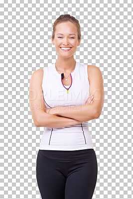 Buy stock photo Fitness, happy and arms crossed with portrait of woman isolated on transparent png background for exercise, workout or active. Smile of pilates trainer, female person and pride of wellness or health