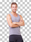 portrait of a fit man standing with his arms crossed isolated on a png background