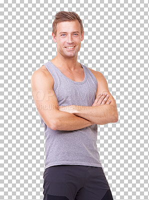 Buy stock photo Fitness, arms crossed and portrait of man on transparent background for health, workout and exercise. Happy, wellness and gym with male person on png for training, muscle and body challenge