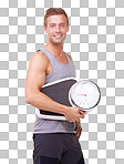  portrait of a handsome man holding a scale and smiling at the camera isolated on a png background