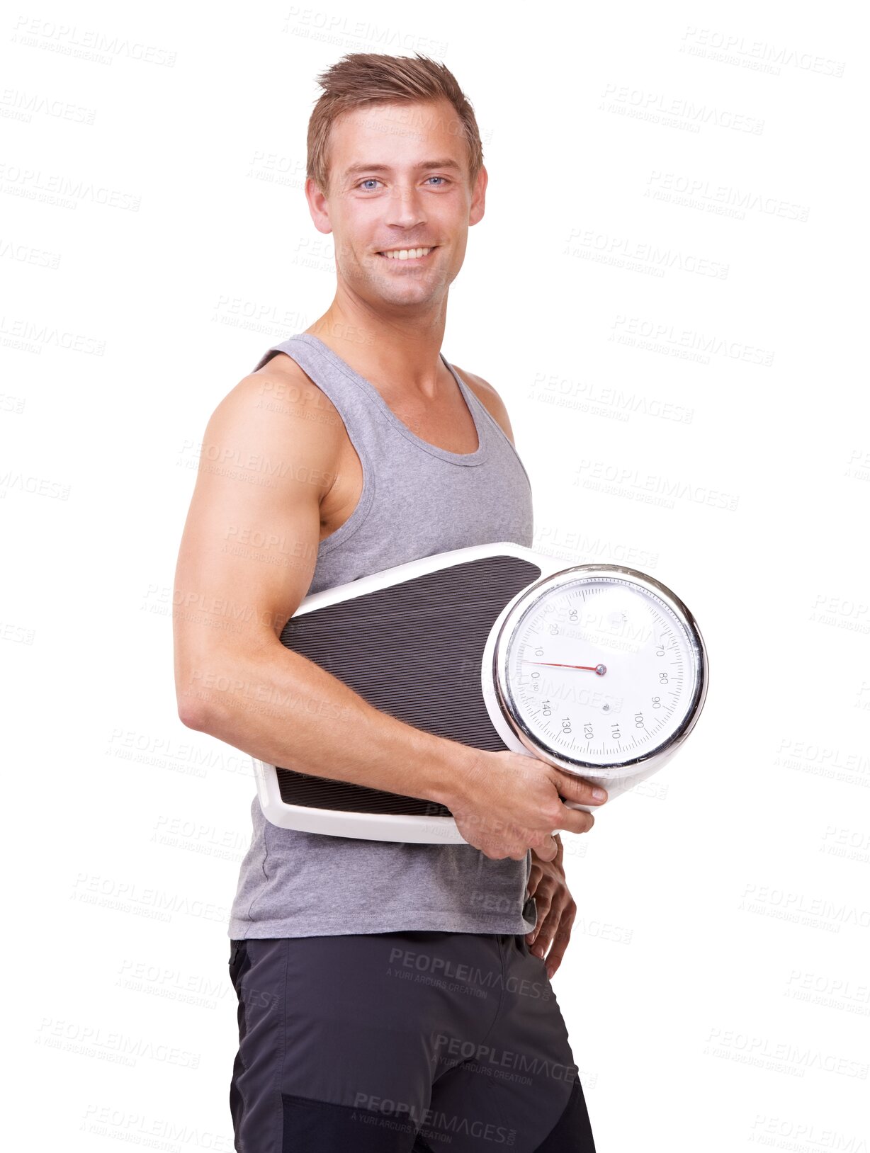 Buy stock photo Scale, man and portrait with fitness, weight and workout with a smile. Happy male model, exercise and isolated on a transparent png background for health, wellness progress and measuring weightloss