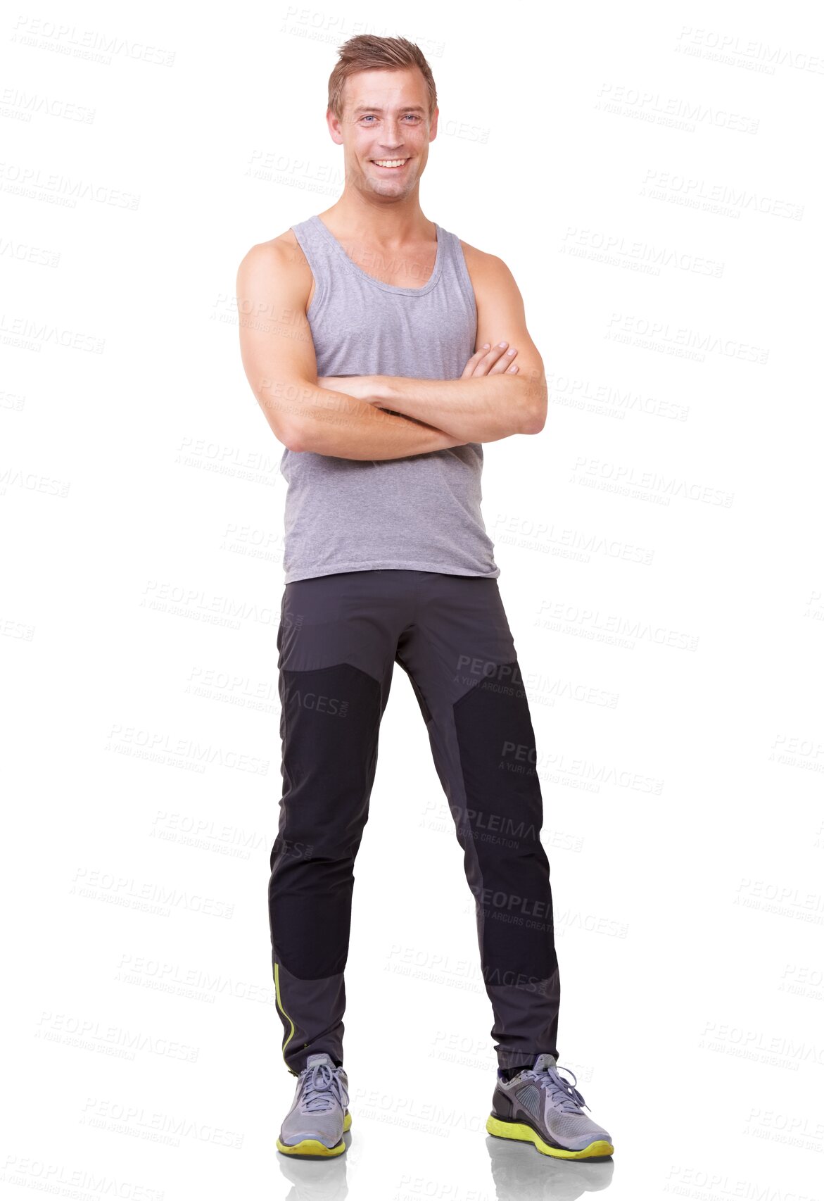 Buy stock photo Fitness, arms crossed and smile with portrait of man on transparent background for health, workout and exercise. Happy, wellness and isolated male person on png for strong, muscle and body challenge