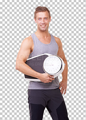 Buy stock photo Scale, man and a portrait for fitness, weight loss and healthy lifestyle with a smile. Happy male model, exercise and isolated on a transparent png background for measuring wellness progress 