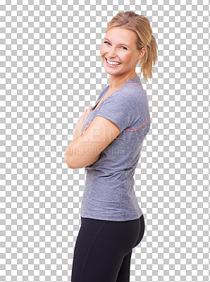 Buy stock photo Fitness, happy and portrait of woman with arms crossed isolated on a transparent png background for exercise. Smile, of female person, model and wellness for health, confidence and strong pride