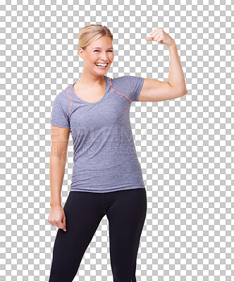 Buy stock photo Arm, woman and portrait with bicep flex for workout, smile and strength from fitness. Health, strong wellness and female model with empowerment isolated on transparent png background with confidence 