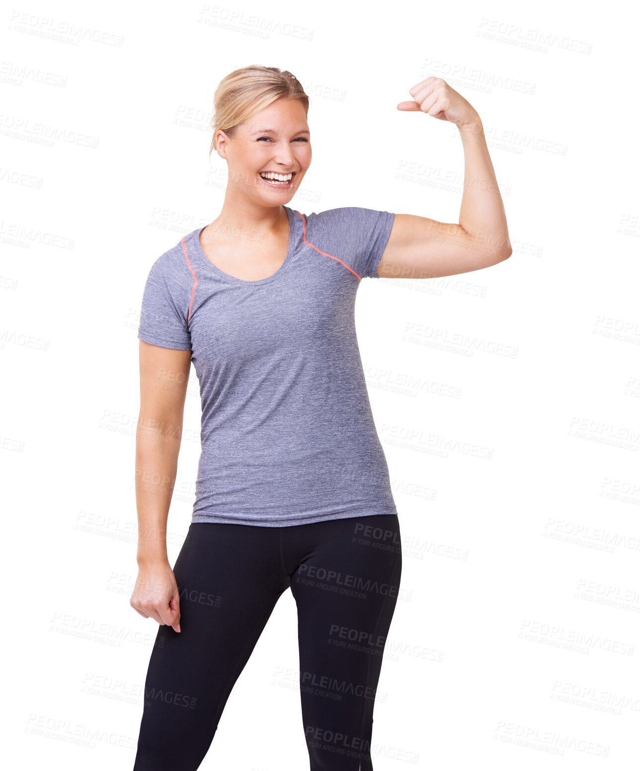 Buy stock photo Arm, woman and portrait with bicep flex for workout, smile and strength from fitness. Health, strong wellness and female model with empowerment isolated on transparent png background with confidence 