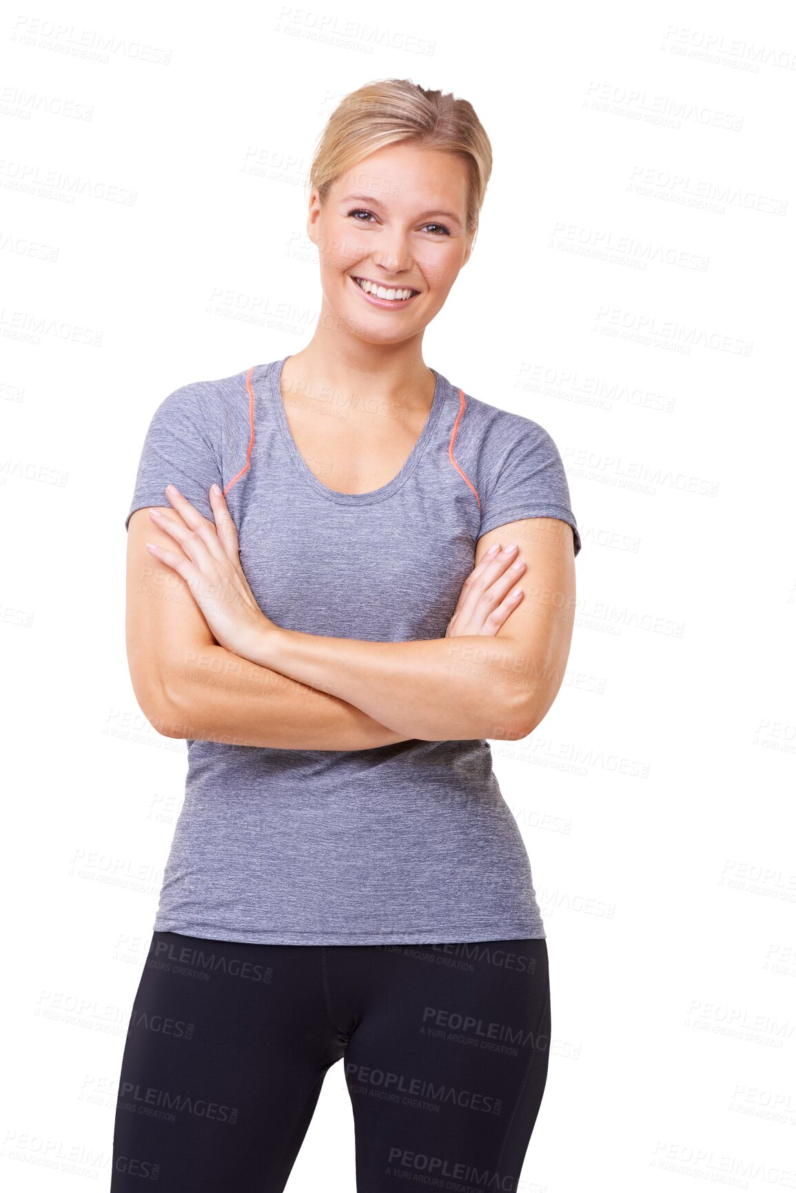 Buy stock photo Happy woman, portrait and arms crossed in confidence for fitness isolated on a transparent PNG background. Confident female person or model with smile in sportswear for healthy workout or exercise