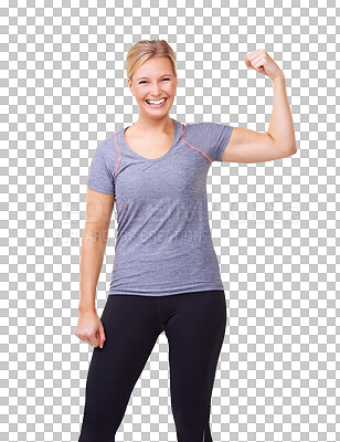 Buy stock photo Arm, happy woman and portrait to flex for workout, fitness and strength of empowerment. Healthy, wellness and female model isolated on a transparent png background with confidence in bicep exercise