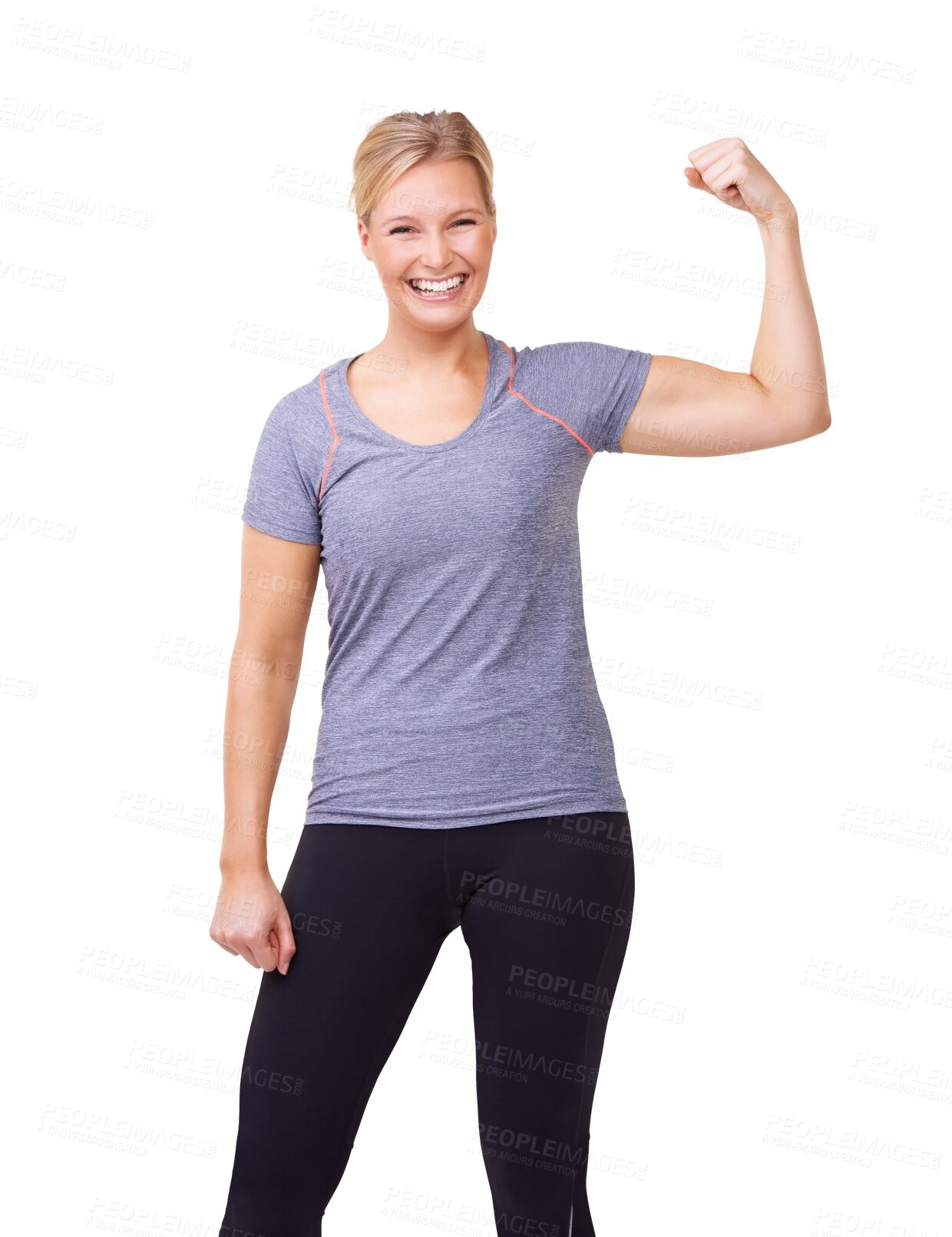 Buy stock photo Arm, happy woman and portrait to flex for workout, fitness and strength of empowerment. Healthy, wellness and female model isolated on a transparent png background with confidence in bicep exercise