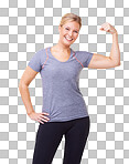 portrait of an attractive and sporty woman flexing her muscles and smiling at the camera isolated on a png background