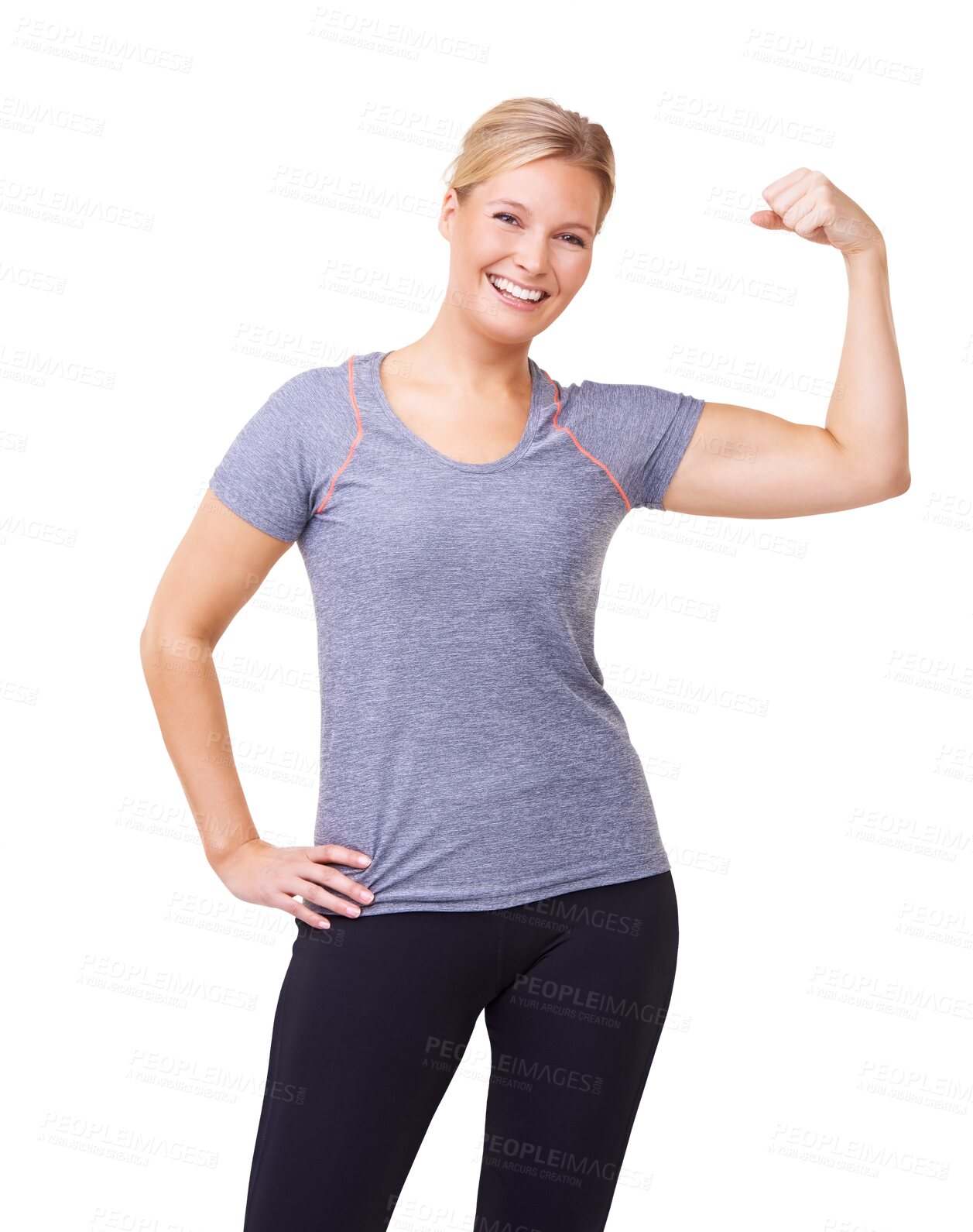 portrait of an attractive and sporty woman flexing her muscles and smiling  at the camera isolated on a png background